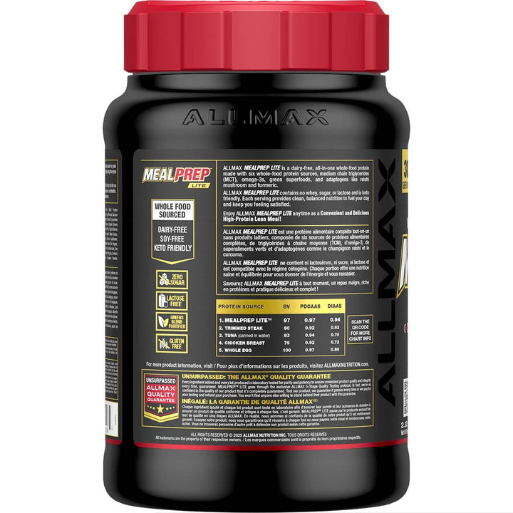 Allmax MealPrep Lite Double Chocolate Fudge nutrition facts left panel