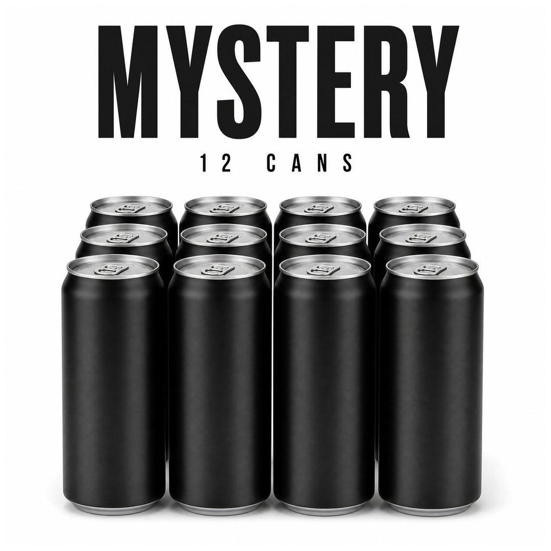 Twelve unlabelled black energy drink cans arranged in rows beneath bold MYSTERY 12 CANS lettering on a white background