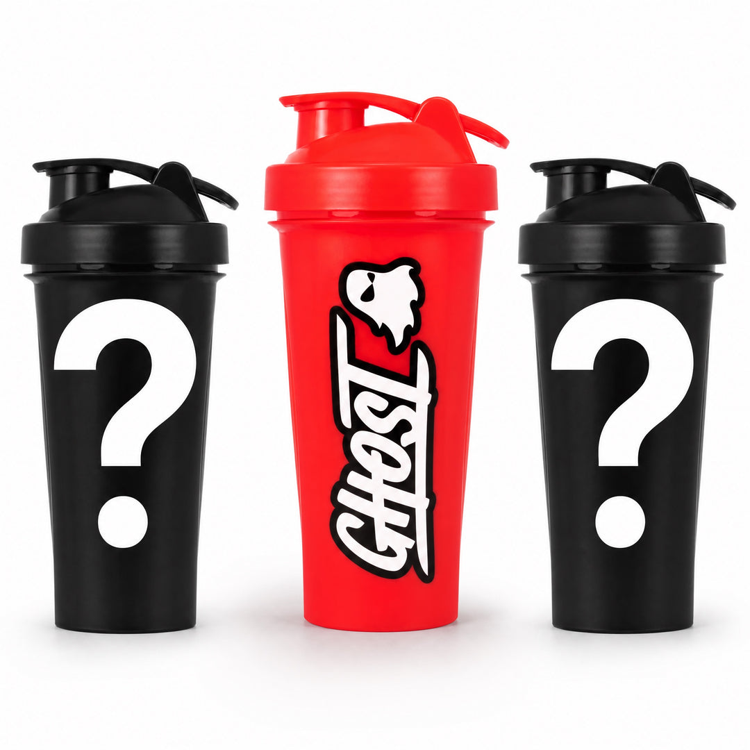 Two mystery shaker bottles with question marks beside a revealed branded shaker – Bulldog Nutrition Canada