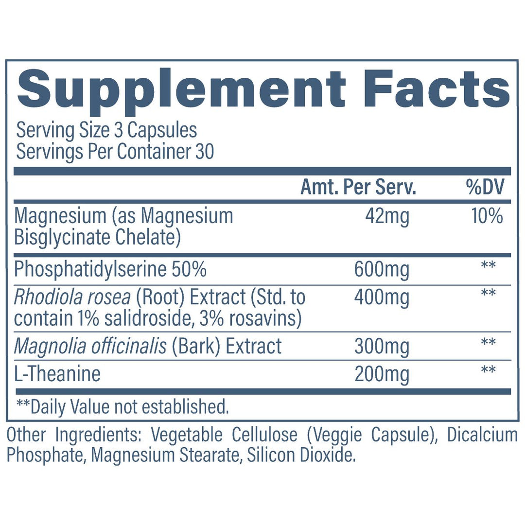 Revive MD Cortisol Support supplement facts panel - phosphatidylserine rhodiola L-theanine magnesium