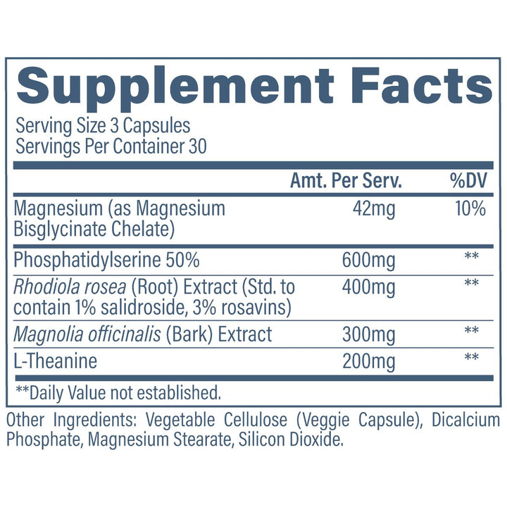 Revive MD Cortisol Support supplement facts panel - phosphatidylserine rhodiola L-theanine magnesium