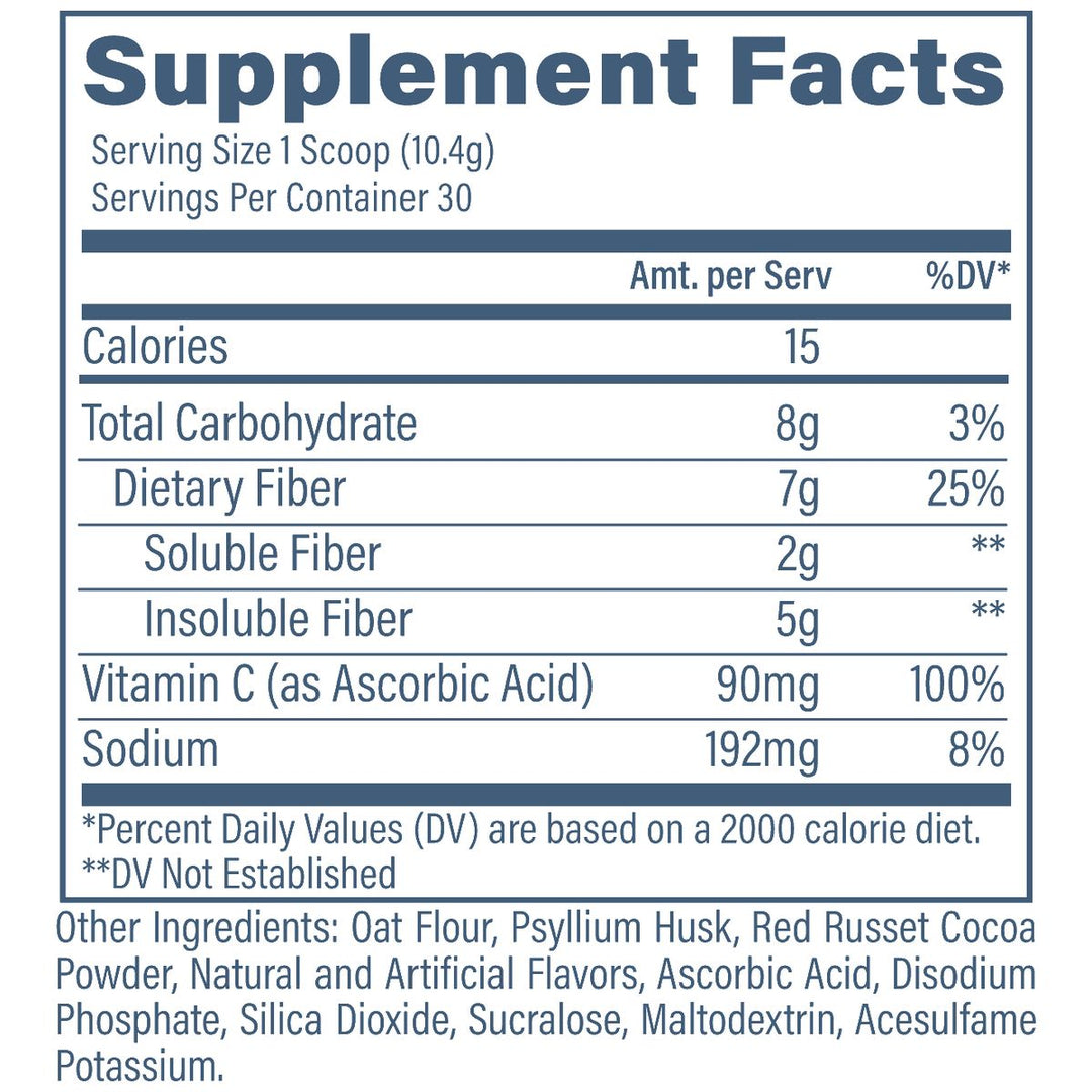 Revive MD Fiber Chocolate supplement facts panel - oat flour psyllium husk dietary fibre