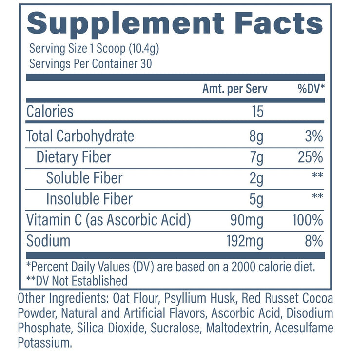 Revive MD Fiber Chocolate supplement facts panel - oat flour psyllium husk dietary fibre