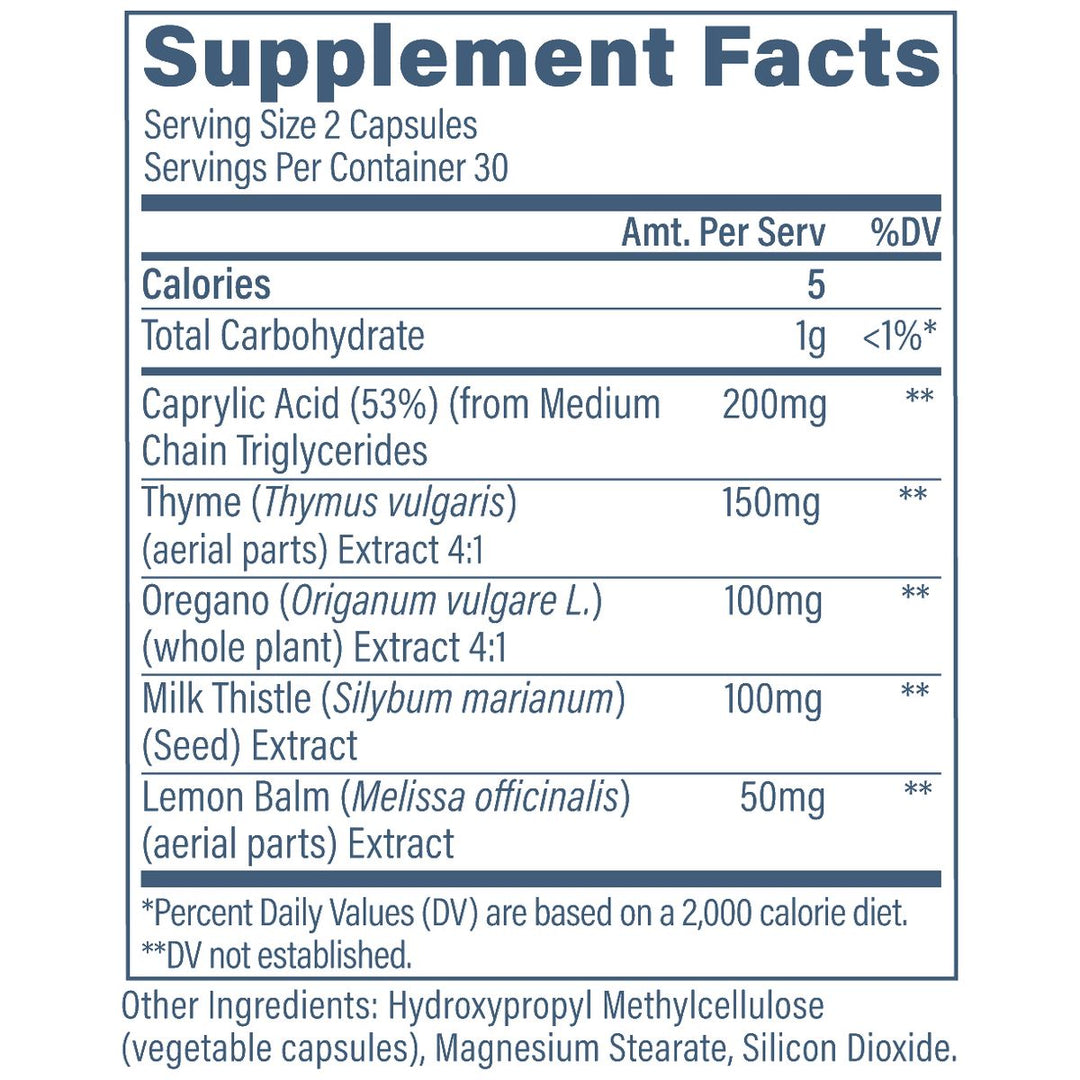 Revive MD Gut Health+ supplement facts panel - thyme oregano milk thistle caprylic acid