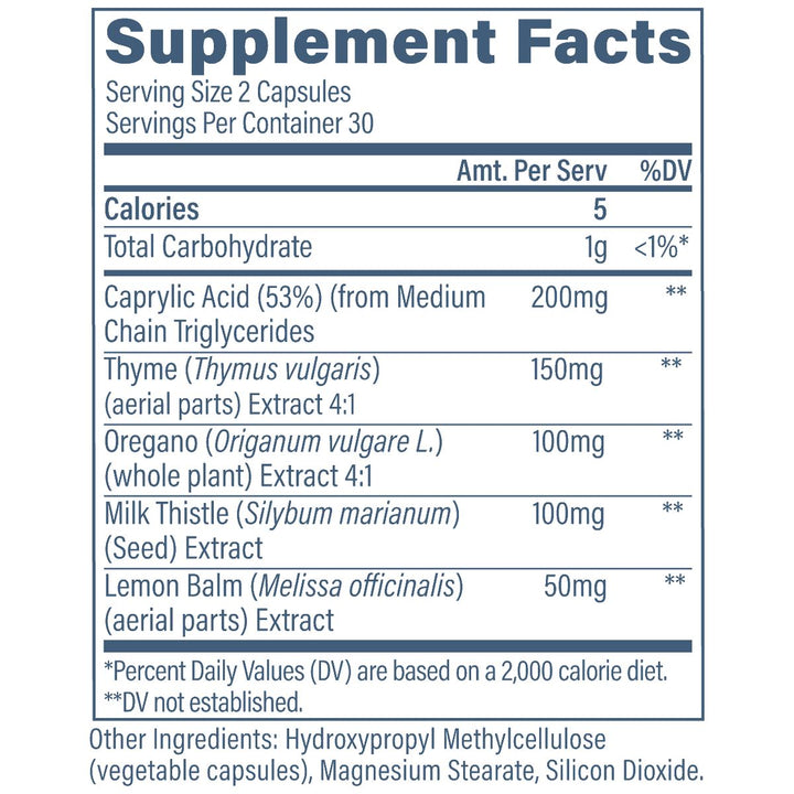 Revive MD Gut Health+ supplement facts panel - thyme oregano milk thistle caprylic acid