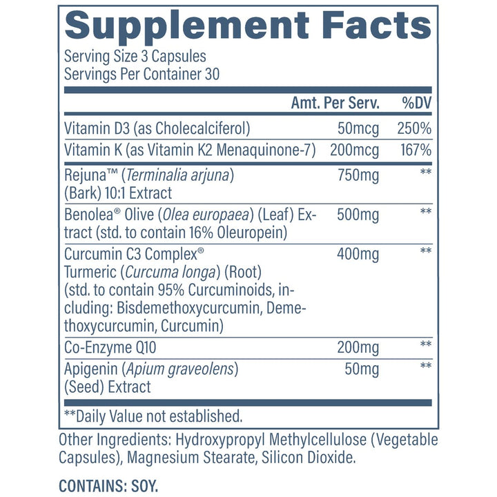 Revive MD Heart supplement facts panel - Rejuna Benolea CoQ10 curcumin D3 K2