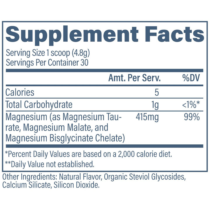 Revive MD Magnesium+ supplement facts panel - magnesium glycinate taurate malate