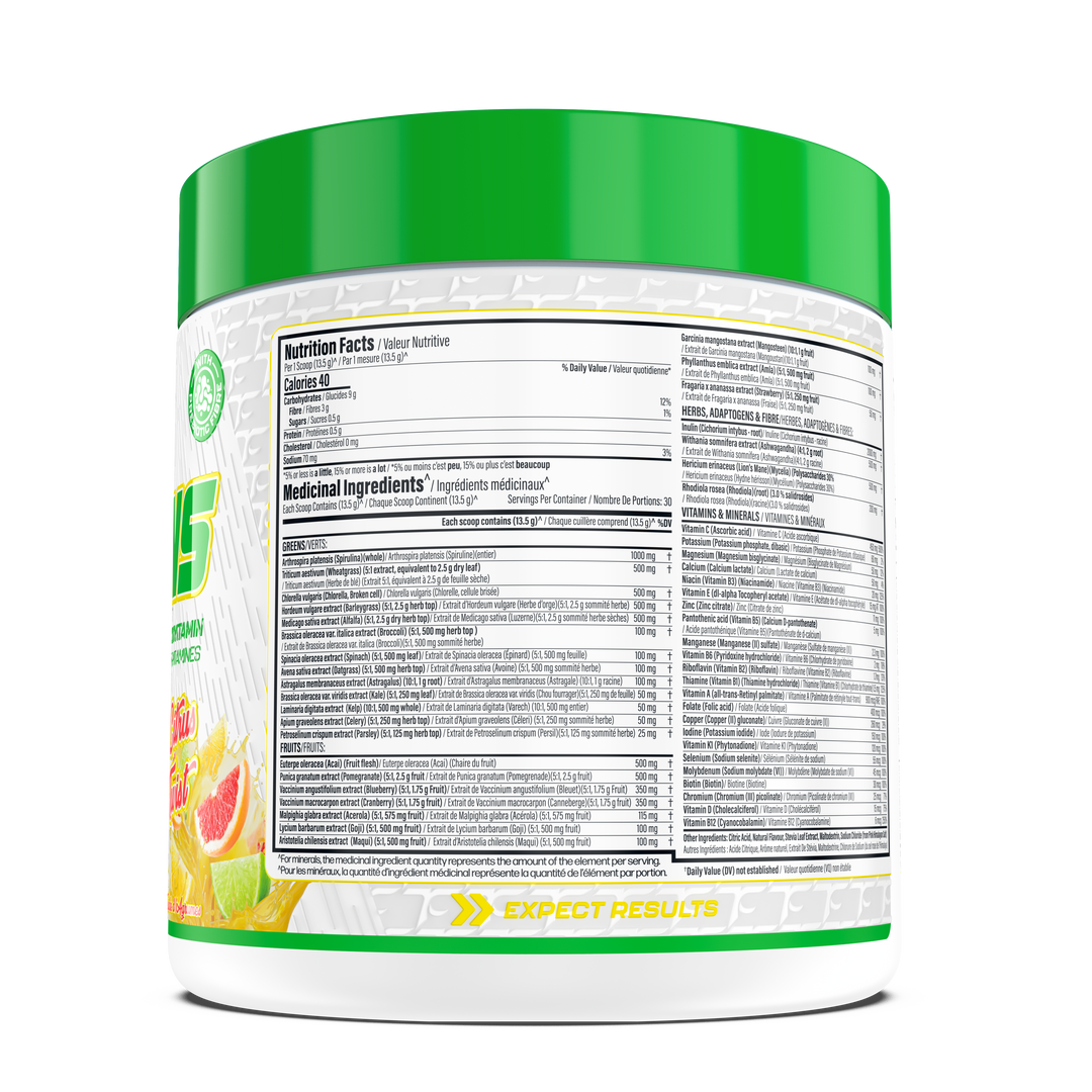 TC Nutrition Multi Greens nutrition facts label — full ingredient list and vitamin profile