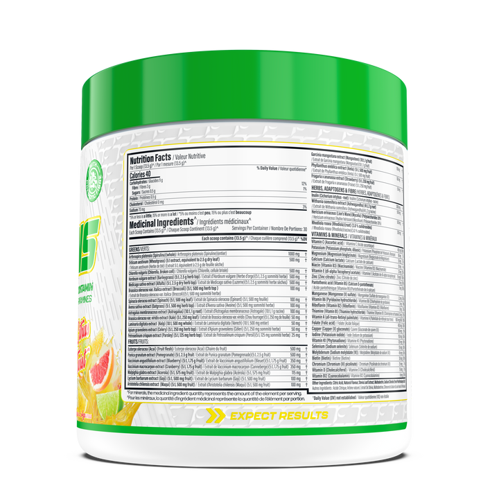 TC Nutrition Multi Greens nutrition facts label — full ingredient list and vitamin profile