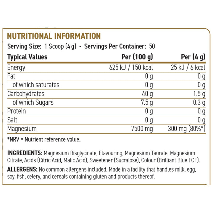 Applied Nutrition Tri-Magnesium nutrition facts panel