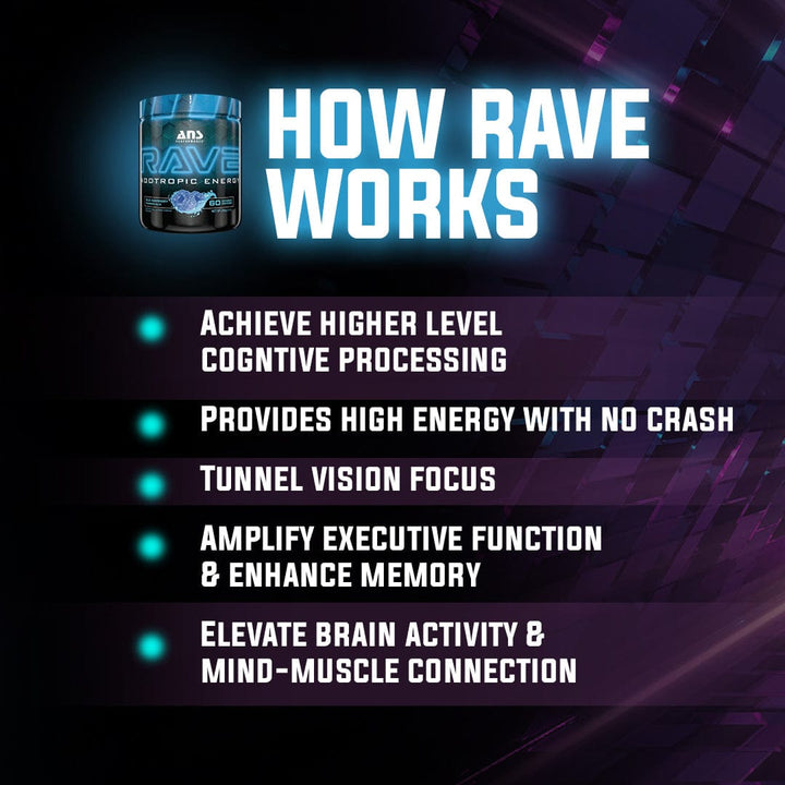 ANS RAVE, 60 servings | Best Nootropic Pre Workout Supplements